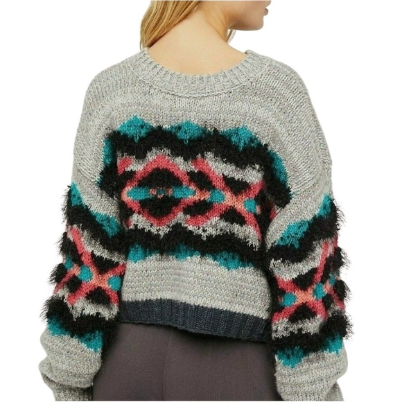 Free People I Heart You Wool Blend Cropped Aztec Print Sweater Grey Size Small - Picture 5 of 11